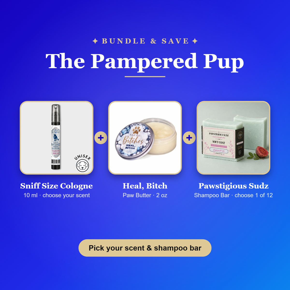 The Pampered Pup Bundle: sniff size cologne, paw butter and shampoo bar